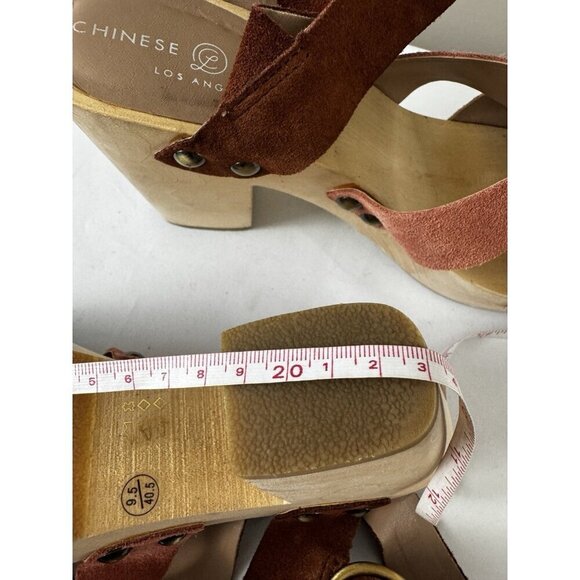 Retro Boho Chunky Platform Suede Leather 9.5 Sandals Pink Brown Wooden Heel - Picture 14 of 16